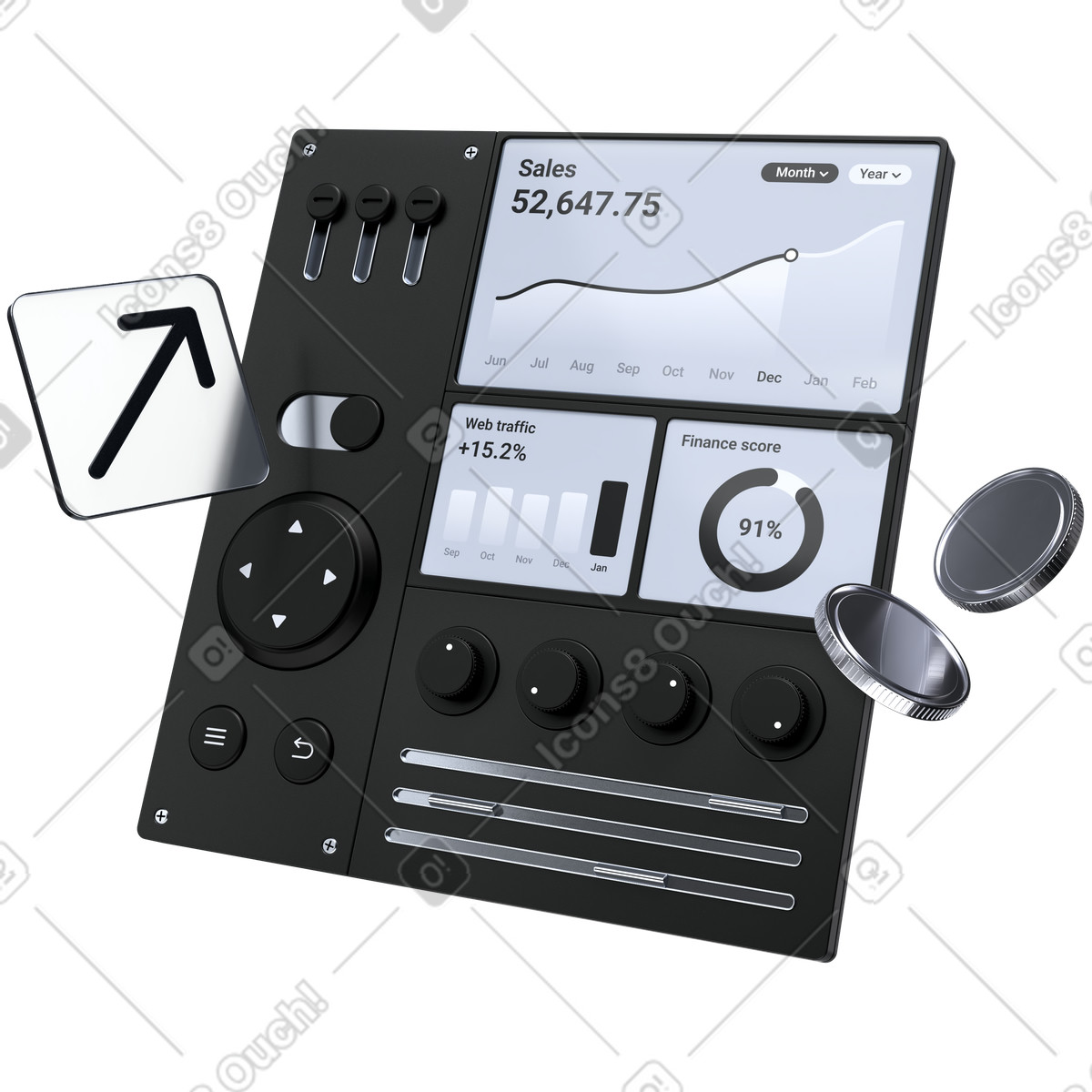Financial analytics panel, revenue growth metrics, business intelligence dashboard illustration in 3D Pro style download in PNG, SVG