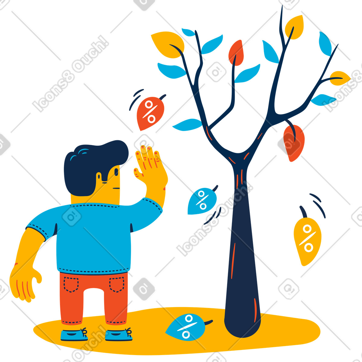 Man catching discount leaves from a sale tree illustration in Flame style download in PNG, SVG