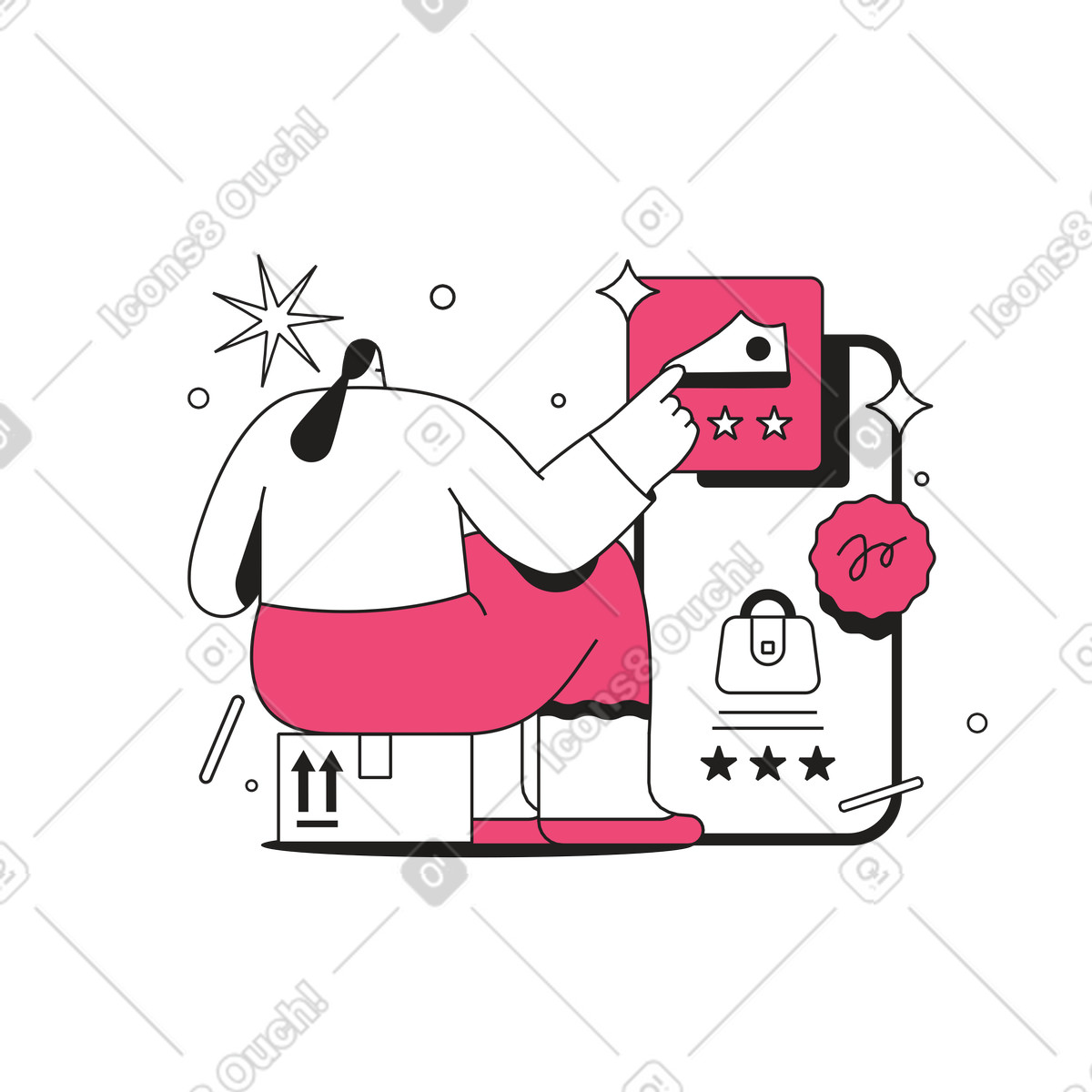 User comparing clothing items by star rating, Online shopping and E-commerce animated illustration in Dazzle Line style download in GIF, Lottie (JSON), AE