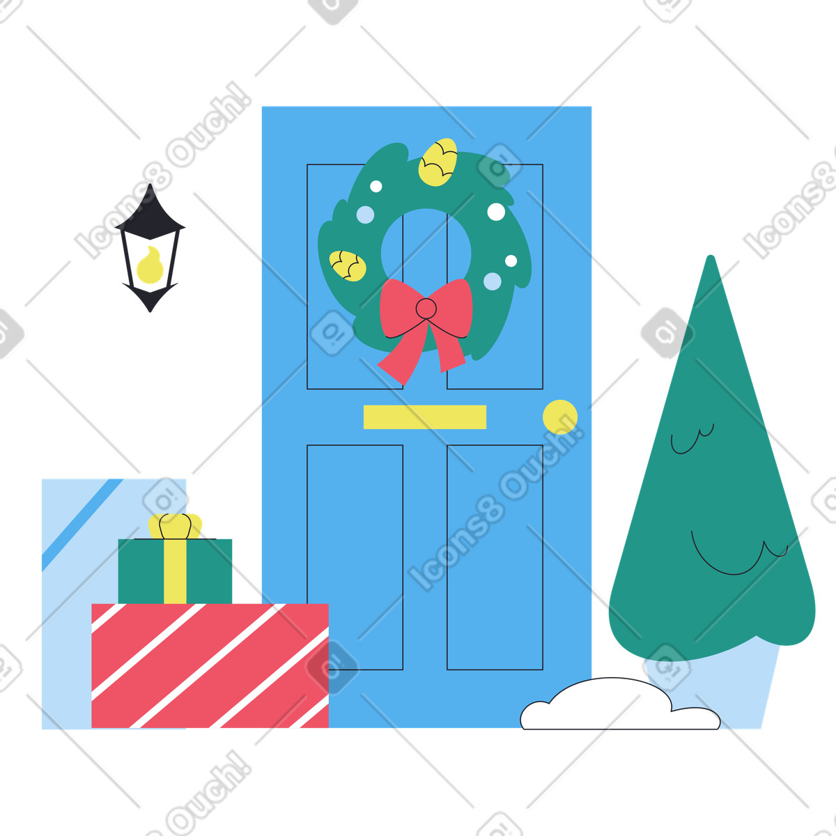 Illustration Stacked Christmas gifts at winter doorstep, Holiday delivery or celebration dans le style Boba à télécharger aux formats PNG, SVG