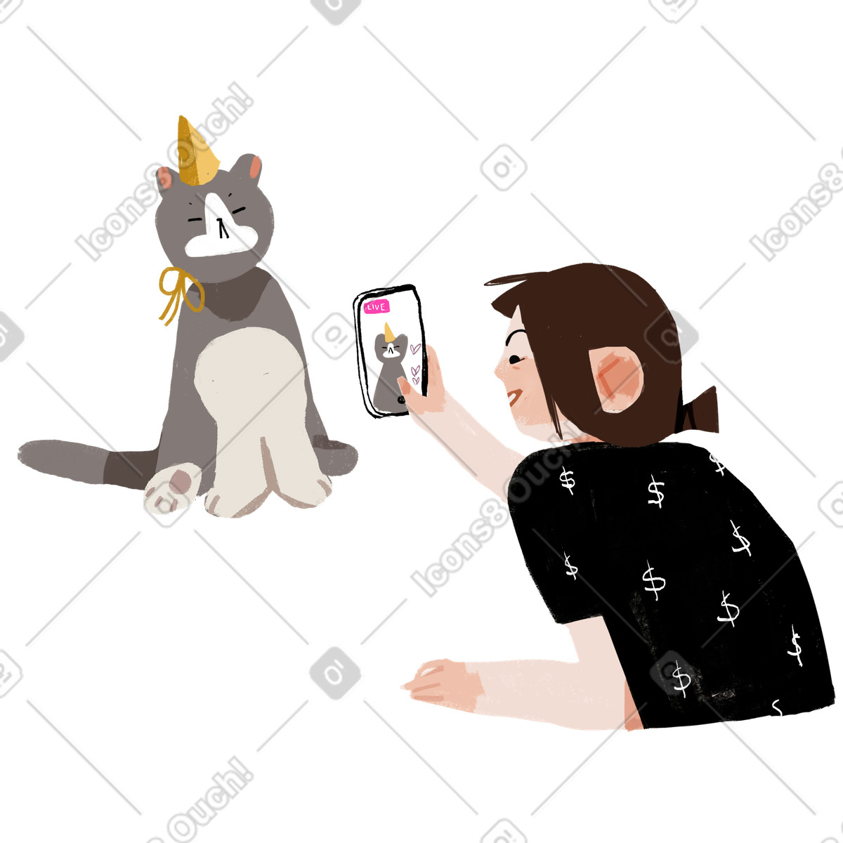 下载 Ikigai 风格的 Mobile video stream of birthday cat, Live broadcast on social media 插画，支持 PNG、SVG 格式
