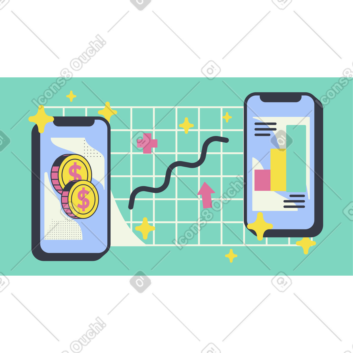 Mobile screen showcasing profitable investments illustration in PNG, SVG