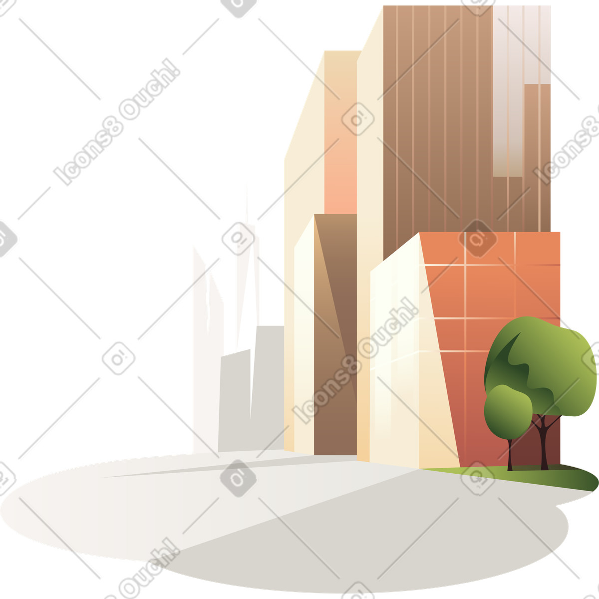 PNG, SVG 형식의 나무와 아스팔트가 있는 도시 풍경 일러스트레이션