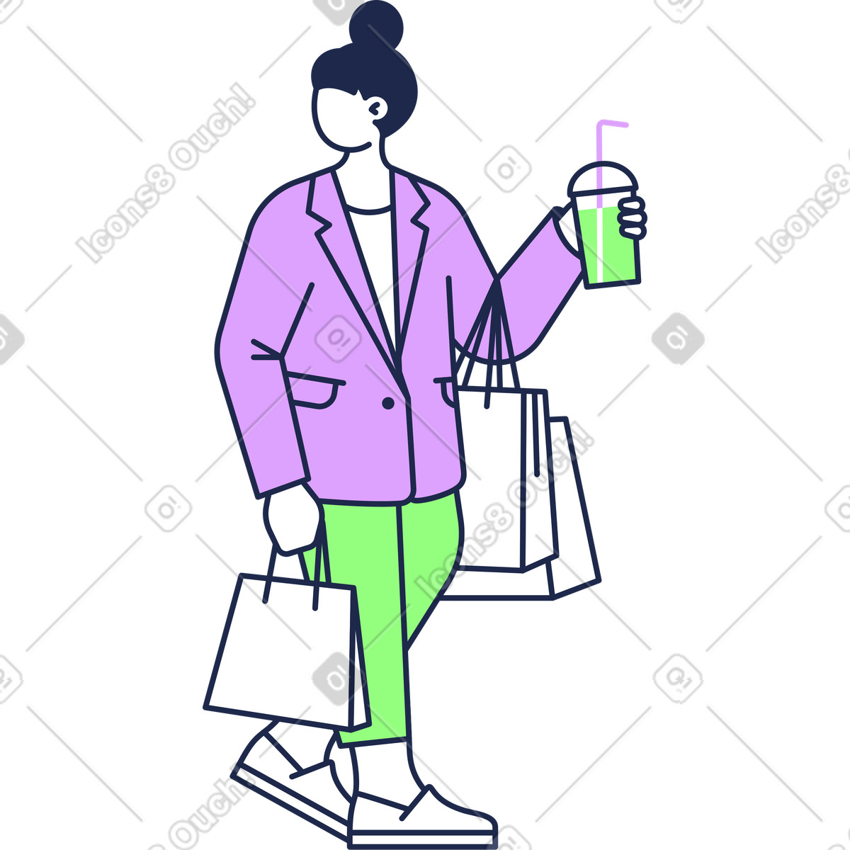 Signora con borse e bevande illustrazione in stile Outline scarica in PNG, SVG