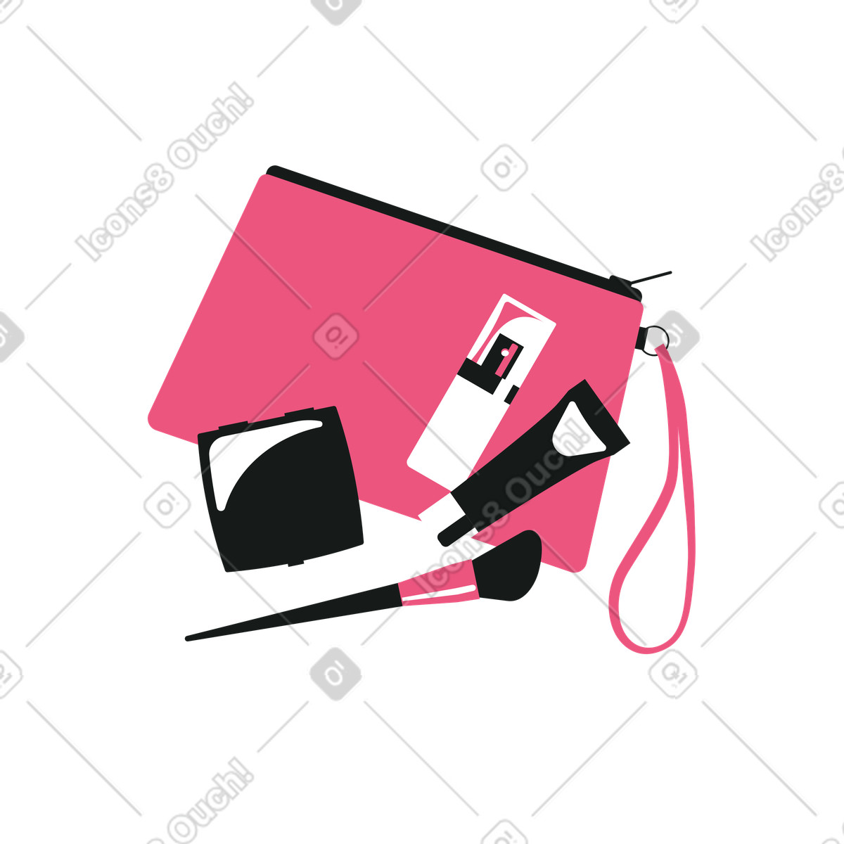 Borsa cosmetica, pennello da trucco, primer, fondotinta e cipria illustrazione in stile Lounge scarica in PNG, SVG