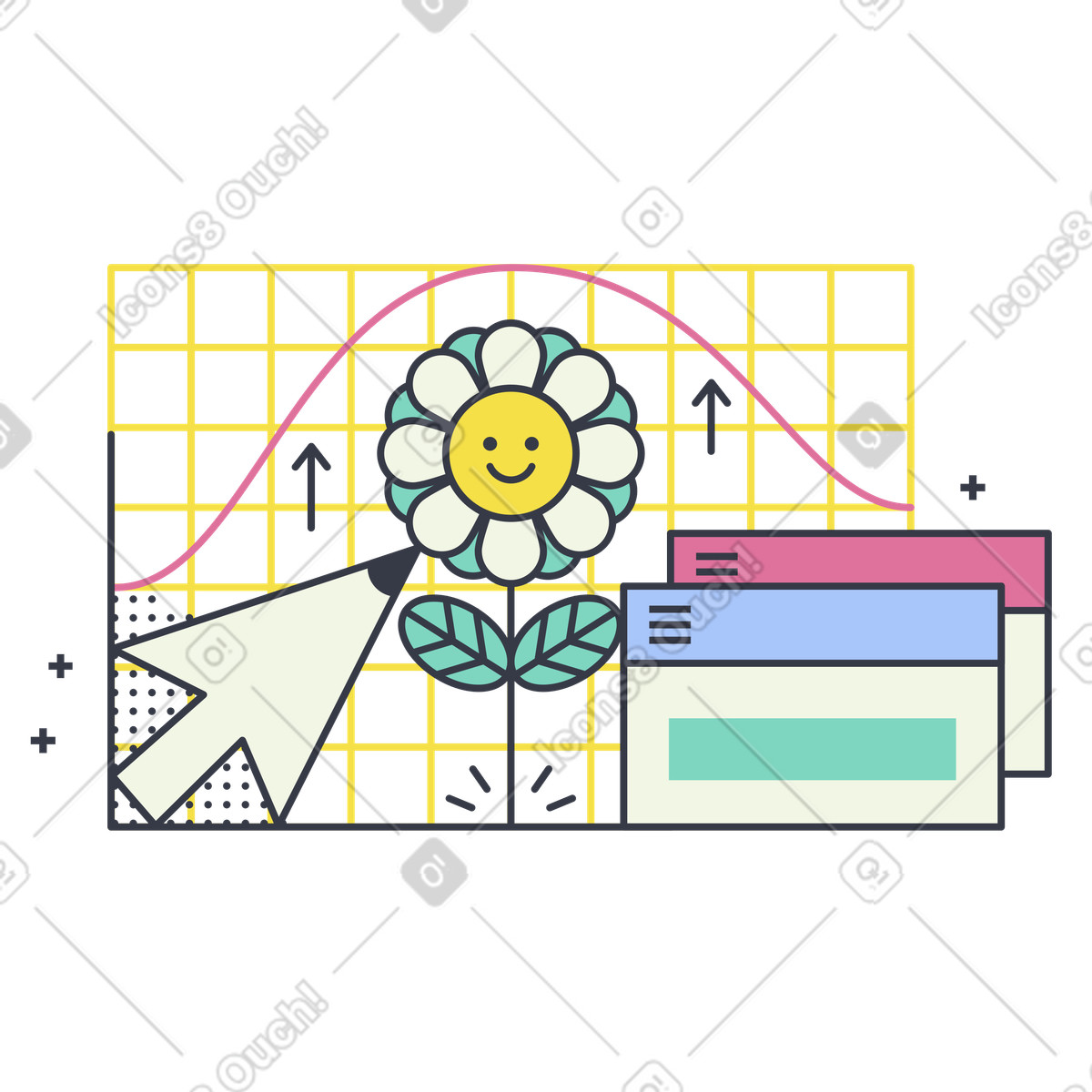 Growth graph with flower, cursor and windows illustration in Abstract style download in PNG, SVG
