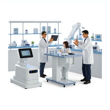 A laboratory setting with bright, fluorescent lighting and clean, white surfaces. In the foreground, there is a sleek, innovative medical device that resembles a multi-functional diagnostic tool with digital interfaces and LED indicators. Next to it, a compact robotic arm is skillfully manipulating a sample for analysis, showcasing advanced technology. Researchers in white lab coats are examining data on a tablet, with one pointing to a screen displaying real-time results. Various medical gadgets and equipment are arranged neatly on countertops in the background, emphasizing a state-of-the-art research environment.