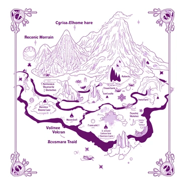 A whimsical duotone illustration features a detailed map of a fantasy realm. The map includes several magical locations such as a "Crystal Forest" filled with shimmering trees, a "Volcanic Mountain" with flowing lava, and a "Mystic Lake" surrounded by enchanting waterfalls. Each location is intricately labeled with elegant script. There are winding "Dragon Trails" connecting the sites, and small illustrations of mythical creatures like "unicorns" and "fairies" scattered throughout the landscape. The map is bordered by decorative elements, such as ornate compasses and celestial motifs, enhancing the fantasy theme.