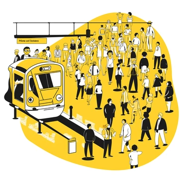 A crowded metro station filled with people hurrying in different directions. Commuters are wearing dark jackets and carrying briefcases or backpacks. Some are checking their watches while others are looking at digital displays showing train schedules. The platform is lined with yellow safety strips, and there are metal turnstiles at the entrance. A train is arriving on the tracks, and its doors are opening with a slight hiss. The atmosphere is lively, with a mix of conversations and the sound of train announcements echoing in the background.