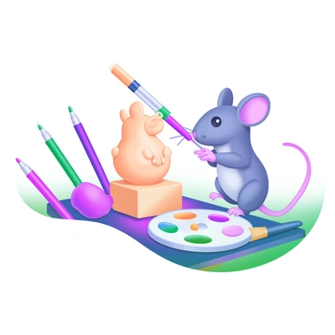 A small mouse is standing on its hind legs, intently sculpting a statue. It holds a colorful pen in its tiny paws, using it as a chisel to carefully carve details into a block of clay. Surrounding the mouse are several other pens of various colors, scattered around the workspace. The statue takes the form of a whimsical creature, capturing the mouse's creativity. A small, detailed palette lies next to the mouse, filled with vibrant colors, and a tiny brush rests nearby, adding to the artistic scene.