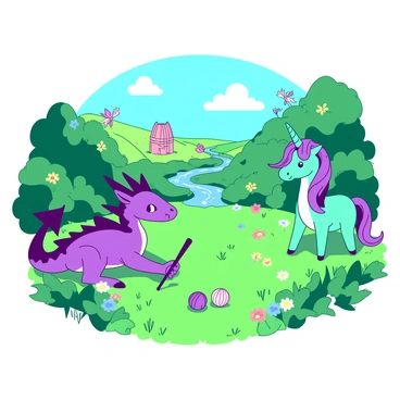 A vibrant meadow filled with lush green grass is set under a bright blue sky. In the foreground, a group of whimsical creatures, including a purple dragon and a teal unicorn, are playing croquet. The dragon is gently holding a croquet mallet in its tiny claws, while the unicorn stands proudly beside a pastel-colored croquet ball. Colorful flowers of various sizes dot the landscape, adding splashes of color against the greenery. In the background, a sparkling stream winds through the meadow, with a few fairies fluttering about, watching the game with delight.