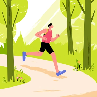 A runner in a bright red tank top and black shorts is darting along a wooded trail. The trail is surrounded by tall green trees with sunlight streaming through the leaves, creating dappled patterns on the ground. The runner's shoes are a vibrant blue, contrasting with the earthy tones of the forest floor. In the background, various shades of green foliage add depth to the scene, and a few scattered wildflowers peek through the underbrush. The atmosphere is lively, capturing the energy of the runner in motion.