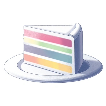 A slice of cake displayed on a simple white plate. The cake features distinct layers, showcasing "vibrant" colors that alternate between each layer. Each layer has a smooth texture with perfect edges, and the top is neatly frosted with a light layer of icing. The background is plain white, emphasizing the details of the cake slice.