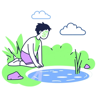 A boy is kneeling at the edge of a pond, gazing intently into his reflection. His face is painted with intricate war paint, featuring bold patterns that cover his cheeks and forehead. The boy has short, tousled hair and wears a simple sleeveless shirt. Surrounding the pond are lush green plants and a few smooth stones, creating a natural frame. The water's surface is slightly rippled, reflecting the boy's image along with glimpses of the sky above, where fluffy clouds are visible.