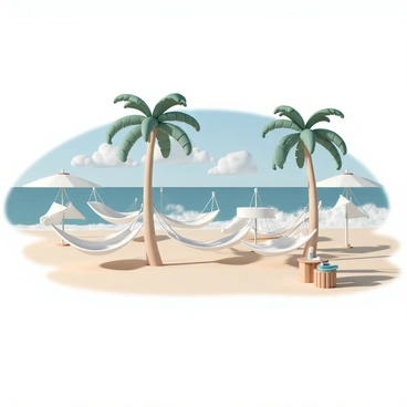 A tranquil spa set on a sandy beach, with several white hammocks strung between palm trees. Each hammock is gently swaying in the breeze, providing a relaxing space for guests. In the background, the ocean waves crash against the shore, creating a rhythmic sound. The sky is clear with a few fluffy white clouds, and the sun casts a warm glow over the scene. Several beach umbrellas are placed around the spa area, providing shade for those enjoying the view. Soft, neutral-colored towels and spa products are neatly arranged on a wooden table nearby.