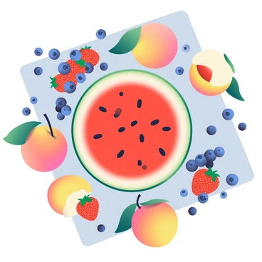 A flat lay image featuring a variety of summer fruits arranged artistically. In the center, there is a large, ripe watermelon, sliced to reveal its bright red flesh and black seeds. Surrounding the watermelon are clusters of fresh berries, including plump blueberries and vibrant red strawberries, their green leaves still attached. Additional peaches, with a soft orange and yellow skin, are scattered around, some whole and others cut in half to display their juicy interior. A light, textured cloth serves as the background, enhancing the colors of the fruits. The scene is naturally lit, showcasing the freshness and vibrancy of the fruits.