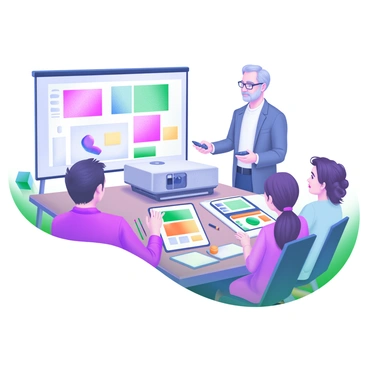 A modern pastel illustration depicting an artist standing next to a projector. The projector is displaying various multimedia illustration concepts on a screen. The artist is a middle-aged person with short hair, wearing glasses, and holding a remote control. Around the table, there are colorful sketches and digital tablets, while a diverse group of clients sits attentively, looking at the screen. The room is filled with bright light and has a creative atmosphere with art supplies scattered on the table.