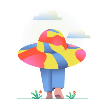 A person is standing in a field wearing an enormous hat that completely covers their entire body. The hat is a vibrant mix of colors, with bright red, yellow, and blue patterns swirling across its surface. The brim of the hat extends wide, creating a large, circular shadow on the ground beneath. The person’s feet are barely visible at the base of the hat, and there are small wildflowers blooming around them. The sky above is clear with a few fluffy white clouds, enhancing the whimsical atmosphere of the scene.