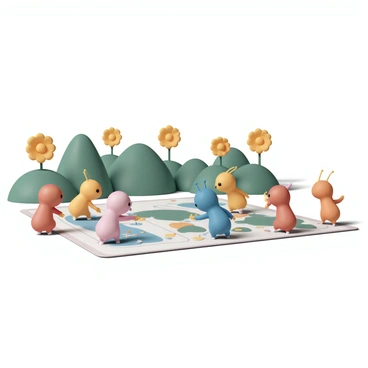 A group of small, colorful Pikmin gathered closely around a large, detailed map spread out on the ground. The Pikmin, characterized by their vibrant hues of red, blue, and yellow, are pointing towards different areas on the map with their tiny limbs. Some Pikmin are standing upright, while others are crouching down to get a better look. The map displays various terrain features such as hills, water, and structures, with clear markings indicating points of interest. A sense of teamwork and focus is evident as they discuss their next mission. In the background, a lush green landscape with large, bright flowers adds to the vibrant atmosphere of the scene.