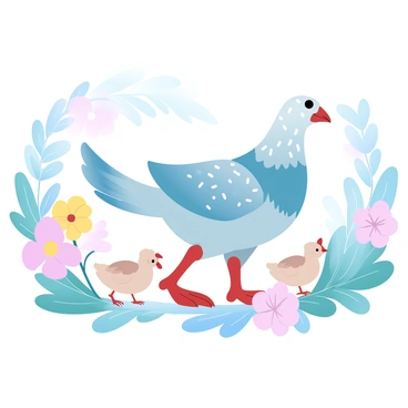 A mother guinea fowl is leading a group of fluffy chicks as they explore a vibrant garden filled with colorful flowers and lush greenery. The mother guinea fowl has a distinct speckled plumage and is moving gracefully, while the chicks, small and adorable, follow closely behind her. Various types of flowers in shades of pink, yellow, and blue surround them, adding to the lively atmosphere. Sunlight filters through the leaves, creating a warm glow in the scene.