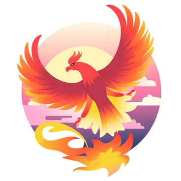 A mythical phoenix with shimmering, fiery feathers is emerging from vibrant flames. The phoenix is depicted with a majestic wingspan, its wings outstretched, showcasing a blend of red, orange, and gold colors. The flames around it are swirling and dynamic, accentuating the bird's powerful presence. In the background, the sky is painted with hues of deep orange, pink, and purple, reflecting the colors of the sunset. The scene captures the intense energy of the phoenix as it rises from the fire, symbolizing rebirth and transformation.