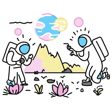 Two astronauts in white space suits with clear helmets are standing on the surface of a distant planet. One astronaut is taking samples of soil while the other is pointing towards a peculiar rock formation in the distance. The landscape is filled with vibrant, unusual plants featuring shapes and colors not found on Earth. A large, colorful, swirling sky shows two moons and a distant sun, casting shadows on the uneven terrain. In the background, towering cliffs and unique geological structures create a dramatic environment.