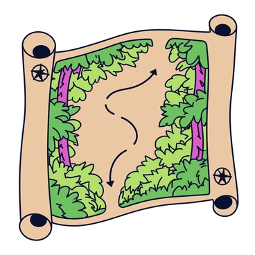 A treasure map showing a detailed illustration of an old jungle environment. The map features dense green foliage, towering trees, and winding vines. A path is marked with a series of arrows that lead through the jungle, showing the route to the treasure. The edges of the map are decorated with ancient symbols and a compass rose in one corner. The overall color palette includes earthy browns and vibrant greens, enhancing the adventurous theme of the treasure hunt.