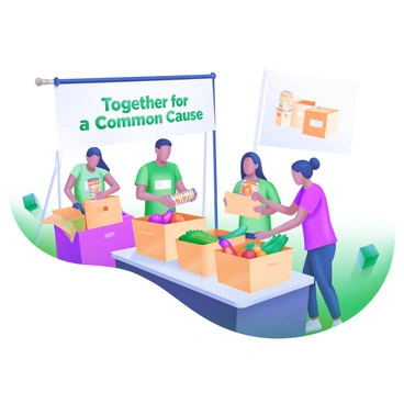 A modern pastel illustration depicting a group of volunteers sorting food donations at a charity drive. The volunteers, wearing colorful t-shirts, are actively engaged in their tasks. One volunteer is placing canned goods into boxes, while another is organizing a variety of fresh produce on a table. Nearby, a banner with the words "Together for a Common Cause" is prominently displayed. The scene is filled with vibrant food items like fruits and vegetables, along with boxes labeled for different types of food. The overall atmosphere conveys a sense of teamwork and community spirit.