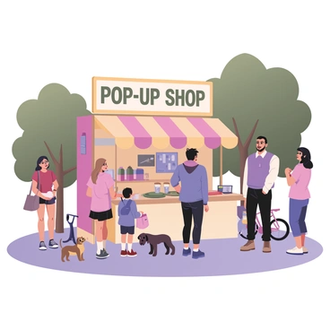A digital flat illustration featuring a trendy popup shop set up in an urban park. The shop has a bright, colorful canopy with a large sign that reads "Pop-Up Shop" in bold letters. Surrounding the shop, there are several curious visitors. A young woman with light skin and curly black hair is examining items on a table outside the shop, while a man with medium skin and a short beard is talking to a friend beside her. There are trees in the background with lush green leaves and a clear blue sky overhead. A small dog is sitting next to the visitors, wagging its tail. A bicycle is parked nearby, adding to the vibrant park atmosphere.