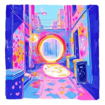 A secret portal is situated at the end of a narrow alleyway. The walls are covered in vibrant graffiti, showcasing a mix of colorful designs and intricate patterns. Neon lights are installed in various places, casting a glowing illumination that flickers intermittently. The portal itself appears as a large, circular opening that shimmers with an otherworldly light. Shadows play across the ground, enhancing the mystery of the scene. Trash bins and discarded items are scattered around, adding to the urban atmosphere.