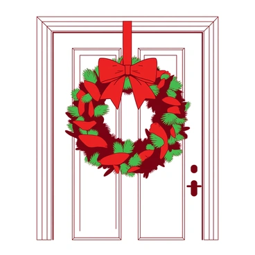 A red Christmas wreath is hanging on a white door. The wreath is adorned with green pinecones and lush green pine needles, creating a festive appearance. Bright red ribbons are woven throughout the wreath, with one large ribbon tied in a bow at the top. The door is made of smooth, polished wood, complementing the vibrant colors of the wreath.