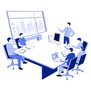 A group of shareholders is seated around a large rectangular conference table in a well-lit meeting room. Each shareholder has documents and laptops open in front of them, with charts and graphs displayed on their screens. At one end of the table, a confident speaker stands, presenting key points about the implications of an IPO using a projector screen behind them. Various expressions of interest and concentration are visible on the shareholders' faces as they engage in discussion. In the background, there are large windows that provide a view of a city skyline, suggesting a corporate environment.