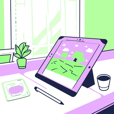 An illustrated book cover design is being finalized on a digital tablet. The tablet is positioned on a wooden desk, showing a colorful image of a fantasy landscape. Next to the tablet, a stylus lies ready for use. Scattered around the desk are sheets of sketched ideas, and a small potted plant adds a touch of greenery to the scene. In the background, a window reveals soft natural light illuminating the workspace. A coffee cup rests nearby, completing the creative atmosphere.