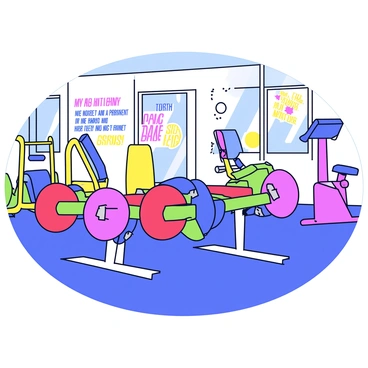 A vibrant gym scene featuring various colorful exercise machines arranged throughout the space. In the foreground, there is a cable crossover machine with dual pulleys, painted in bright red and blue colors. Surrounding the cable crossover are several other machines: a yellow leg press, a green treadmill, and a purple stationary bike. The walls of the gym are adorned with motivational quotes displayed in bold, colorful fonts. Sunlight streams through large windows, illuminating the energetic atmosphere.