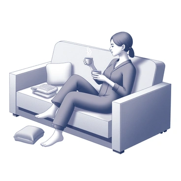 A person sitting comfortably on a plush sofa. The individual is wearing an oversized jumpsuit that drapes loosely over their body. In one hand, they hold a steaming cup of tea, while the other rests casually on a soft cushion. The scene captures a relaxed atmosphere, emphasizing a cozy environment with warm textures and inviting details. There are scattered blankets and pillows on the sofa, adding to the sense of comfort.