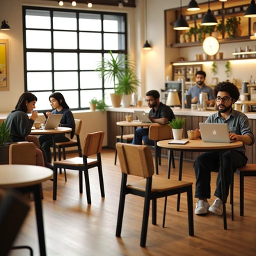 A cozy coffee shop filled with warm lighting and wooden furniture. Customers are seated at small tables, each focused on their laptops. One customer, a woman with curly hair, is sipping a cup of coffee while typing intently. Another customer, a man with a beard, is looking at his screen with a notebook beside him. A barista can be seen behind the counter, preparing drinks and baked goods. The walls are adorned with local art, and there are potted plants scattered around the space, creating an inviting atmosphere that reflects the vibrant small business economy.