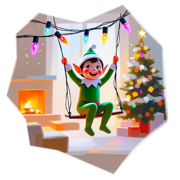 An elf on the shelf is swinging joyfully from a string of colorful Christmas lights. The elf has bright green clothing with red accents and a cheerful expression on its face. Its little hands are gripping the lights tightly as it hangs in the air. The lights are vibrant, casting a warm glow in the surroundings. Snowflakes can be seen gently falling in the background, adding to the festive atmosphere. The scene is set in a cozy, decorated living room, with a Christmas tree softly illuminated in the corner.