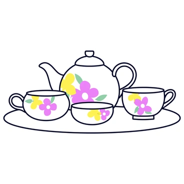 A delicate porcelain tea set featuring a teapot, sugar bowl, and creamer. The teapot has a gracefully curved spout and an elegant handle. Each piece is adorned with intricate floral designs in shades of pink, yellow, and green. The set is arranged on a simple white tablecloth, highlighting the fine craftsmanship and detailed patterns of the porcelain.