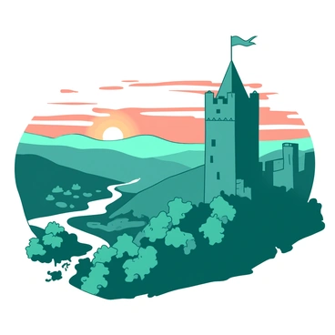 A teal castle tower is positioned on a hillside, overlooking a vast landscape bathed in the soft light of dawn. The sky is filled with hues of orange as the sun begins to rise, casting a warm glow over the rolling hills and distant mountains. Below the tower, lush green trees are scattered across the valley, and a winding river glimmers as it reflects the early morning light. The castle's stone walls appear strong and sturdy, and a flag gently flutters at the top of the tower, adding a sense of life to the tranquil scene.