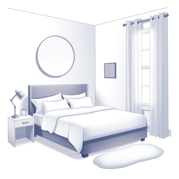A bedroom featuring all-white decor. The walls are adorned with minimalist white artwork. The bed is neatly made with white bedding and several white pillows. A silver accent lamp sits on a white bedside table. A large mirror with a silver frame is mounted on one wall. Soft, white curtains drape over a window, allowing natural light to filter in. A plush white rug is positioned on the floor, adding texture to the space.