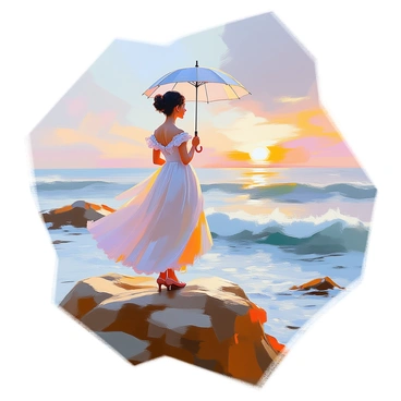 A Victorian-era lady with fair skin and elegant dark hair styled in intricate updos stands on a windswept cliff. She is dressed in a flowing, lace-trimmed gown in soft pastel colors, with ruffled sleeves and a cinched waist. The fabric of her dress billows gently in the breeze, and she holds a delicate parasol that adds a touch of softness to the scene. Her eyes are focused intently on the vast sea in front of her, reflecting a sense of longing. Waves crash against the rocky shore below, and the sky is painted with shades of blue and pink, indicating a sunset. The atmosphere is filled with a sense of nostalgia and yearning as she gazes into the distance.