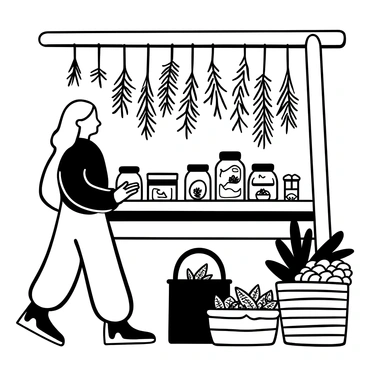 A woman with long hair wearing a flowing dress is examining jars of spices on a wooden stall. The market is filled with hanging bundles of aromatic herbs, such as basil and rosemary, creating a rich display. Various containers of spices labeled with names are arranged neatly on the stall. There are baskets overflowing with dried chili peppers and other spices nearby. The atmosphere is bustling with shoppers browsing the vibrant market.