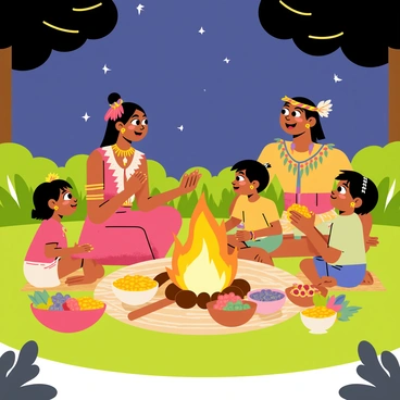An Aztec family is gathered around a warm, crackling fire in the center of a lush green meadow. The family members consist of a mother wearing a colorful traditional dress, a father adorned with intricate feathered accessories, and two children, one boy and one girl, dressed in simple yet bright clothing. They are sitting on woven mats, surrounded by various foods including corn, beans, and fruits displayed in clay bowls. The parents are smiling as they share stories, while the children listen intently, their eyes wide with excitement. The firelight dances on their faces, creating a cozy atmosphere under a starry night sky.