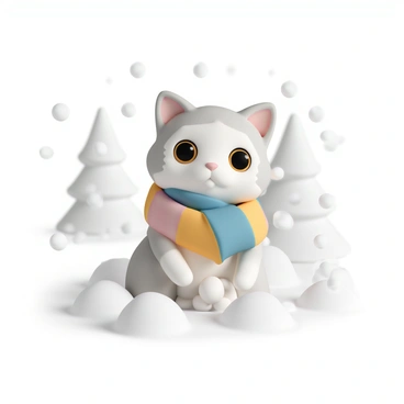 A cute cat with soft fur, featuring a mix of white and light gray, is sitting on a snow-covered ground. The cat is wearing a colorful, cozy scarf wrapped snugly around its neck. Snowflakes are gently falling around it, creating a whimsical atmosphere. The cat's big, round eyes are wide open, and its ears are perked up, displaying a playful curiosity. Fluffy snow piles are surrounding the cat, and in the background, there are softly blurred trees blanketed in white.