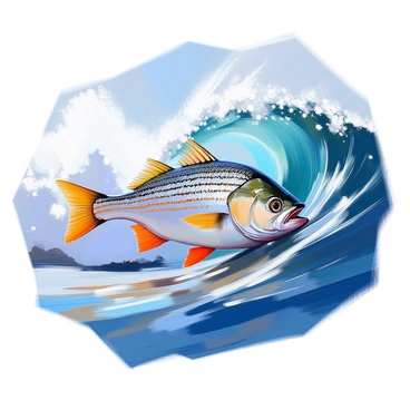 A single striped bass with distinct horizontal stripes is showcased prominently within the curl of a crashing ocean wave. The fish is shimmering in various shades of silver and green as the sunlight catches its scales. The wave is powerful and dynamic, with frothy white foam forming at the crest, while deep blue water wraps around the fish. The scene captures the intensity of the ocean, highlighting the contrast between the vibrant fish and the tumultuous wave surrounding it.