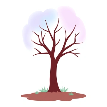 A single tree with bare branches is standing alone on a flat landscape. The tree’s trunk is tall and sturdy, showcasing a rough texture. The ground around the tree is a mix of browns and greens, with patches of grass peeking through the soil. In the background, a soft gradient of pastel colors fills the sky, transitioning from light pink at the horizon to a gentle lavender above. The overall scene conveys a sense of isolation and tranquility, with the tree as the central focus against the expansive landscape.