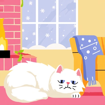 A fluffy Persian cat with long, white fur is curled up peacefully by a fireplace. The cat has striking blue eyes partially closed in relaxation. The fireplace is made of red bricks, with warm flames dancing inside, casting a soft glow around the room. Outside the large window, delicate snowflakes are falling gently, covering the ground with a white blanket. The window frame is adorned with festive decorations, and a cozy blanket is draped over the armchair nearby, creating a warm and inviting atmosphere.