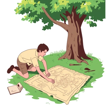 An archaeologist with short brown hair is kneeling on the ground, examining a large, weathered map that displays intricate details of an ancient civilization. The map is spread out on the grassy earth, revealing faded symbols and markings. The archaeologist is wearing a beige shirt and brown cargo shorts. Above them, a large, leafy tree casts a cool shade, with sun rays filtering through the leaves. Nearby, there are scattered tools such as a small brush and a notebook, suggesting ongoing research. A gentle breeze rustles the leaves, adding a sense of tranquility to the scene.