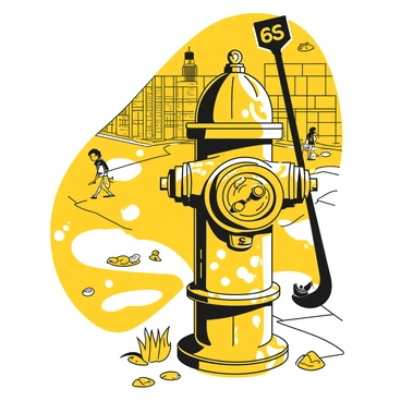 A fire hydrant positioned on a concrete sidewalk, partially obscured by an array of vivid graffiti. The graffiti features various shapes and symbols, some with intricate designs, while others have bold lettering. The hydrant itself is painted yellow, and it stands out against the urban landscape. Surrounding the fire hydrant, there are scattered bits of litter, and a small patch of grass peeks through the cracks in the sidewalk. In the background, there are hints of brick buildings and a few pedestrians walking by.