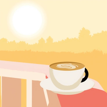 A latte with creamy froth swirled on top is placed on a white ceramic saucer. The latte is sitting on a wooden balcony railing, which has a rustic texture. In the background, the first light of sunrise casts a warm golden glow across the sky, transitioning from soft oranges to pale yellows. Faint silhouettes of distant trees can be seen against the brightening sky, creating a peaceful morning atmosphere.